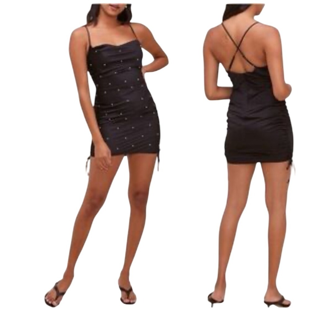 ASTR The Label Mini Dress Black Pearl‎ Embellished Ruched Bodycon Party